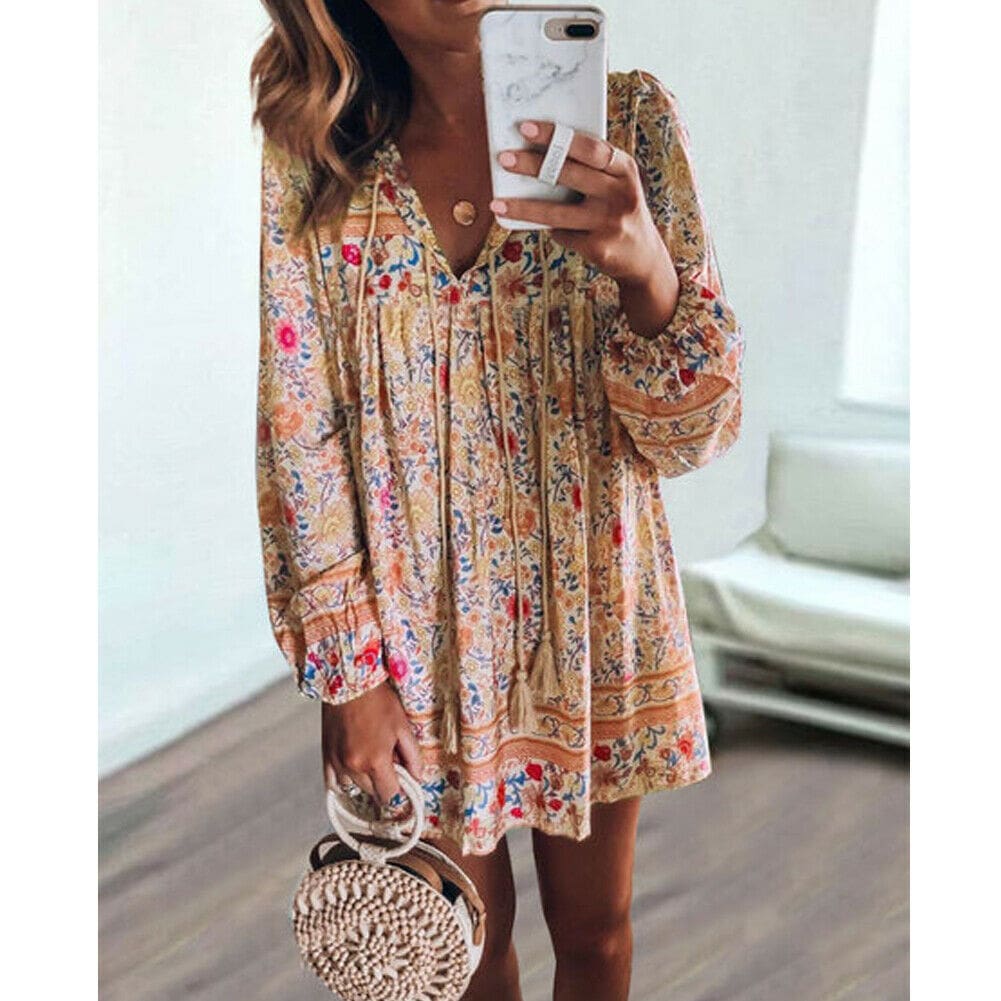 Fashion Women Vintage Boho Loose Dress Bohemian Ladies Summer Long Sleeve Baggy Sundress Beach Holiday Wear