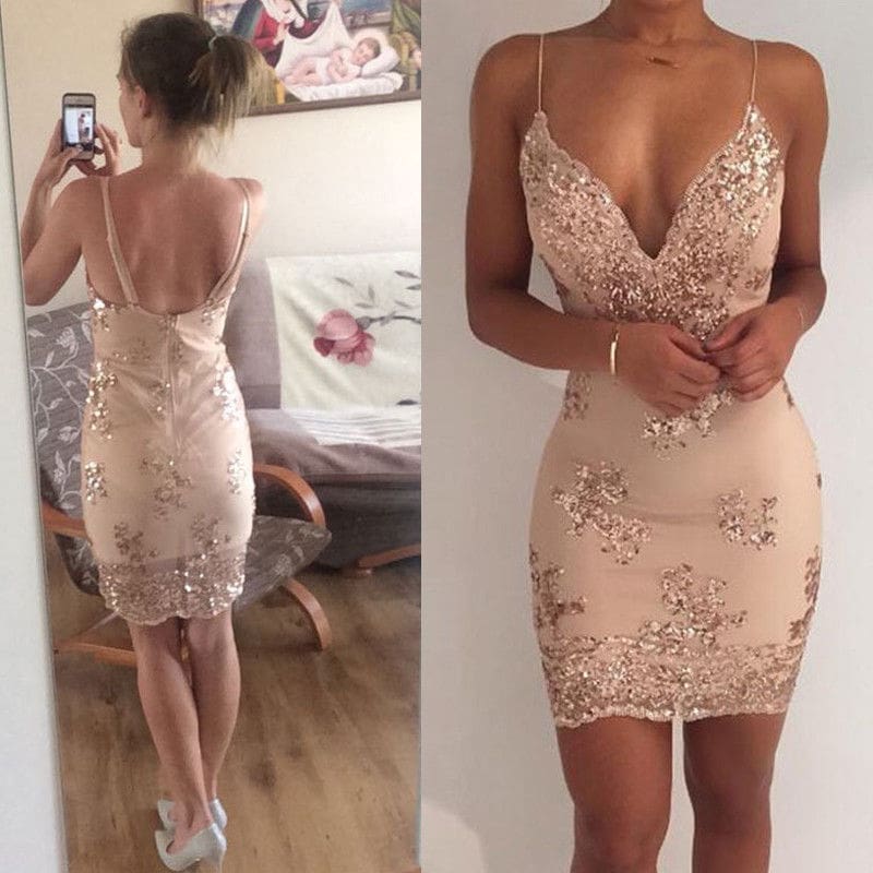 Summer Women Dress Spaghetti Strap V Neck Sequined Lace Bodycon Dresses Sleeveless Party Evening Vestidos Femme Short Mini Dress