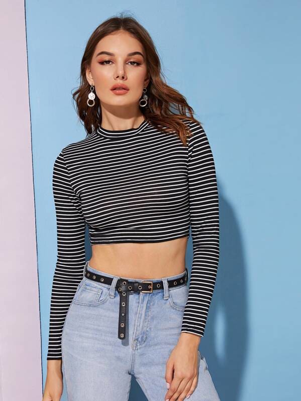 Women Autumn Crop Top Ladies Long Sleeve Striped Shirt Tank Vest Casual Fitness Pullover Tee Tops T-Shirt