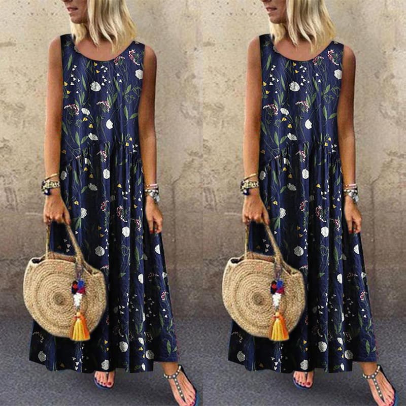 Women Boho Floral Long Maxi Dresses Ladies Sleeveless Loose Summer Casual O Neck Party Maxi Dress Sundress