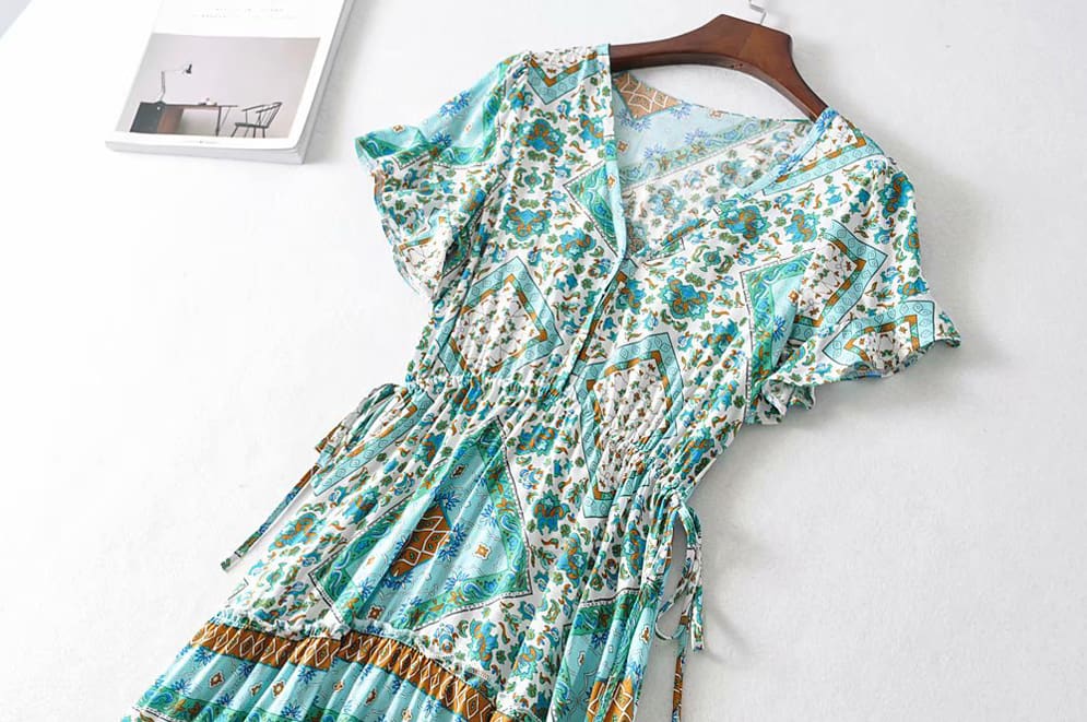 Boho Print Slinky Dress Ladies Expansion Skirt Lace-Up V-neck One-Piece Dress Short Sleeve Tight Dress