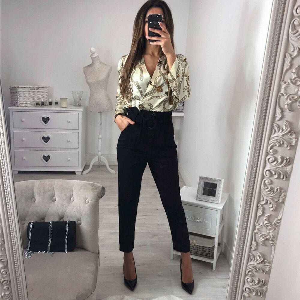 Vintage Silk Rompers Womens Jumpsuit Long Sleeve Chain Print Top Shirt Ladies Deep V Neck Key Printed Sexy Satin Bodysuits