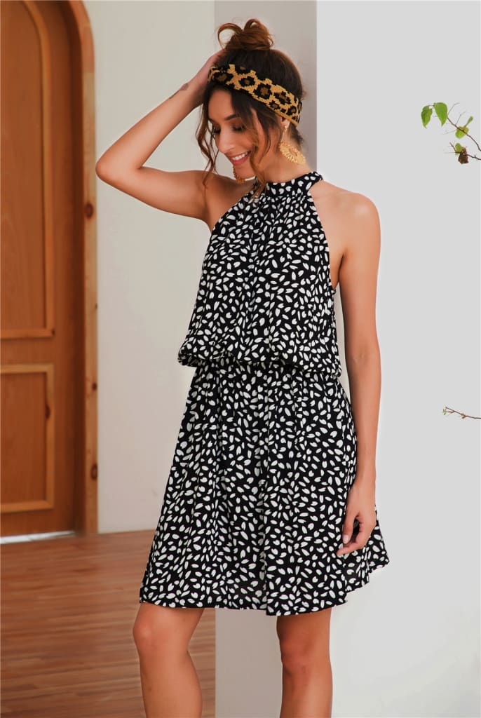 Boho Women Summer Holiday Polka Dot Mini Dress Ladies Casual Halter Neck Sleeveless Loose Summer Beach Sundress