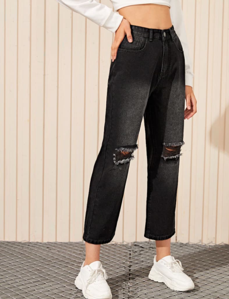 Women Black Destroyed Ripped Hole Casual Jeans Straight Wide Leg Denim Trousers Ladies High Waist Long Jeans Pants