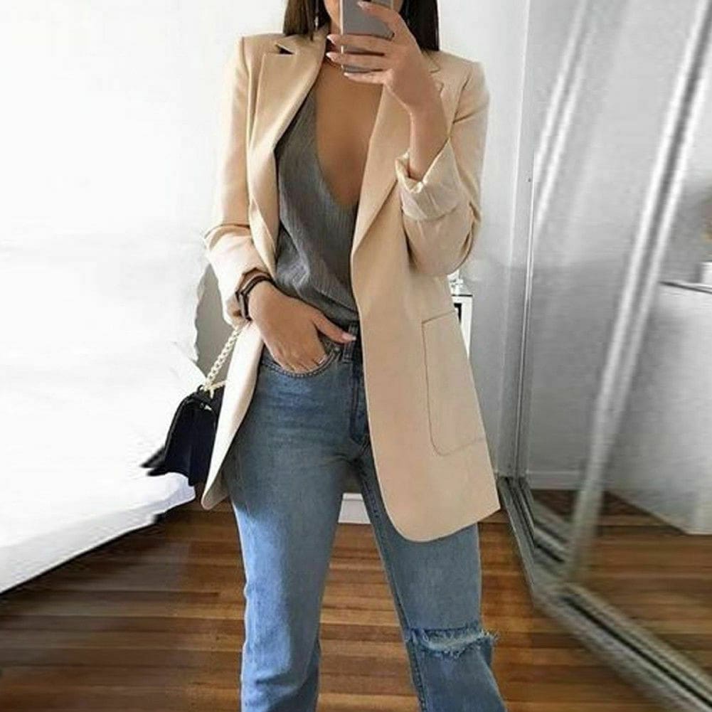 Long Sleeve Cardigan Slim Jackets Suit Coat Work Jacket Casual Mid Coat