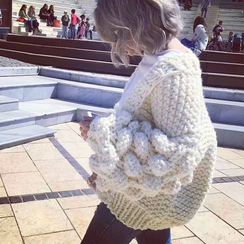 Women Knitted Cardigan Puff Sleeve Loose Sweater Ladies Autumn Winter Warm Casual Outwear Coat Tops