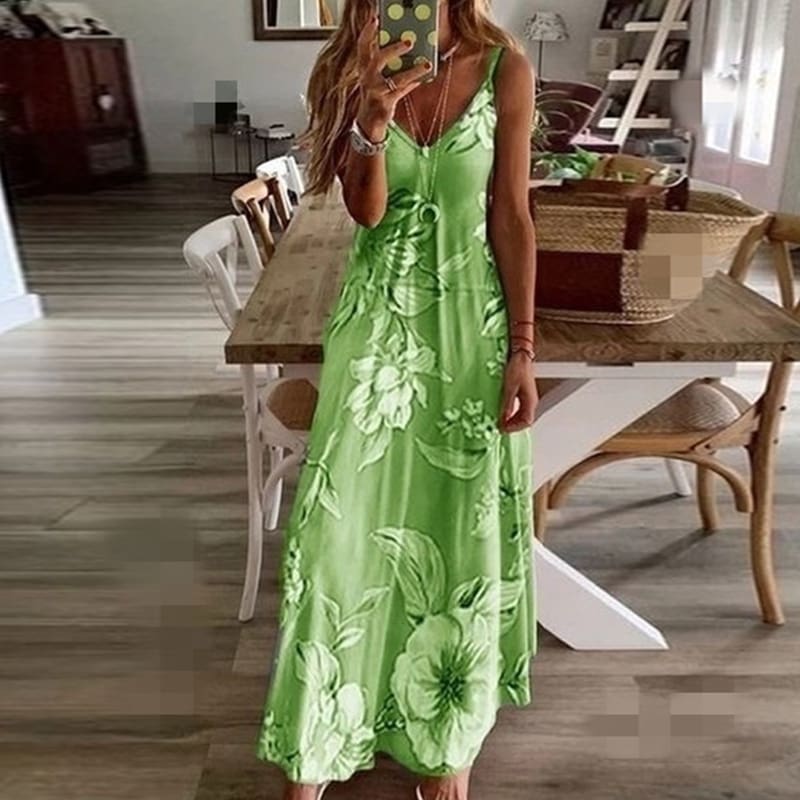 Women Halter V Neck Boho Long Dress Floral Printed Sleeveless Beachwear Holiday Sundress Female vestidos