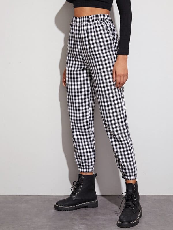 Gingham Plaid Print Elastic High Waist Joggers Sport Trousers Casual Harem Pants