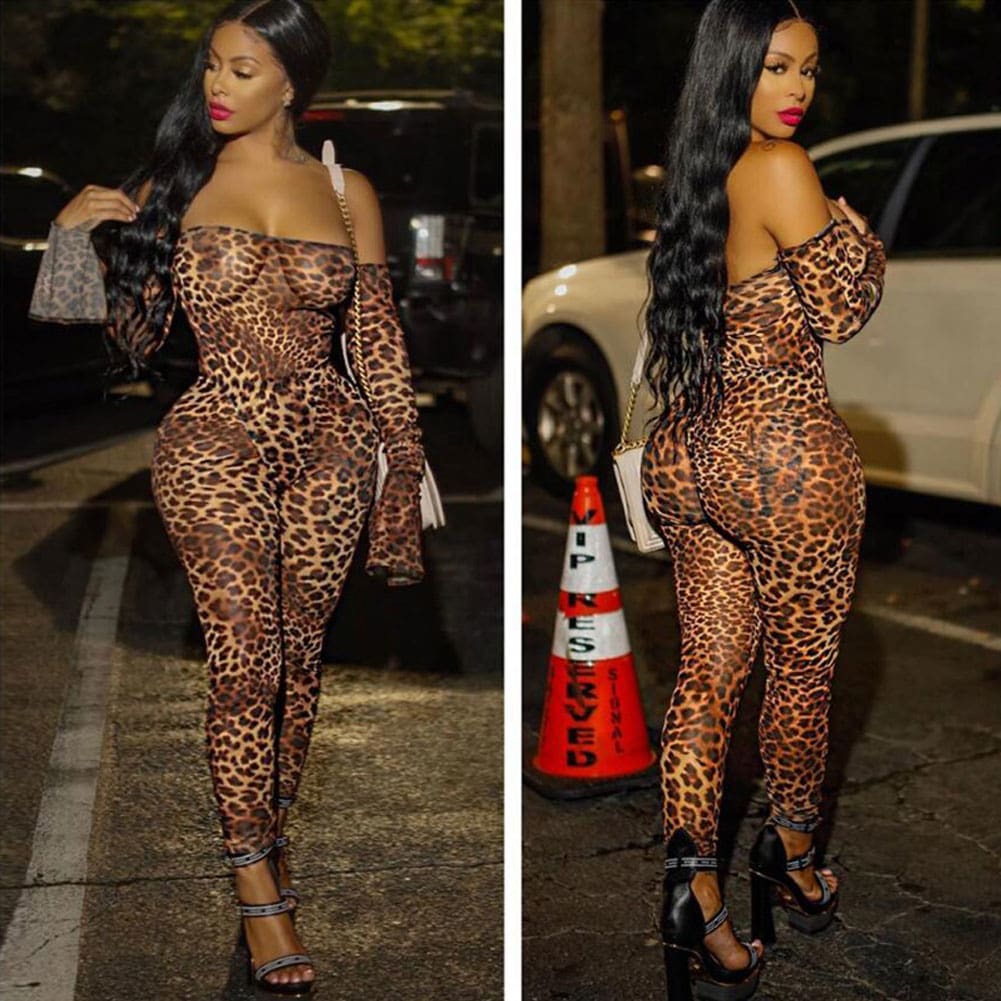 Women Lady Sexy Leopard Long Sleeve Off Shoulder Romper Jumpsuit Stretchy Bodysuit Clubwear Bodycon Long Pant Trouser