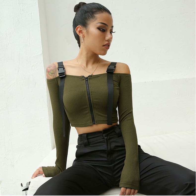 Women Punk Crop Tops Button Zipper Long Sleeve Off Shoulder High Street Thin Top Plus Size