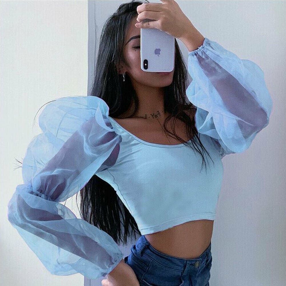 Mesh See Through Lantern Long Sleeve Crop Top Shirt Autumn Women Backless Patchwork Slim Square neck T-Shirt Tees