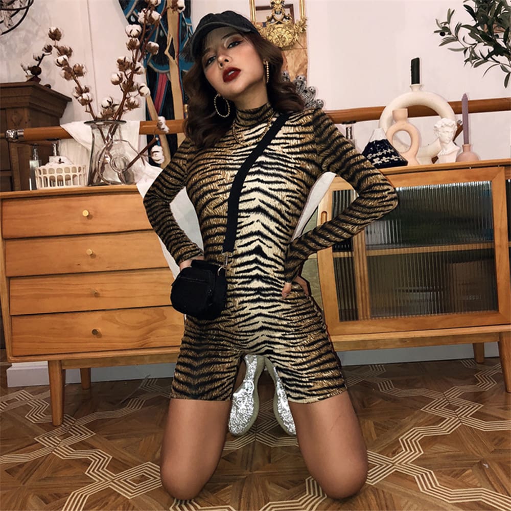 New Women Leopard Print Clubwear Summer Autumn Long Sleeve Playsuit Bodycon Party Slim Jumpsuit Romper Trousers Shorts