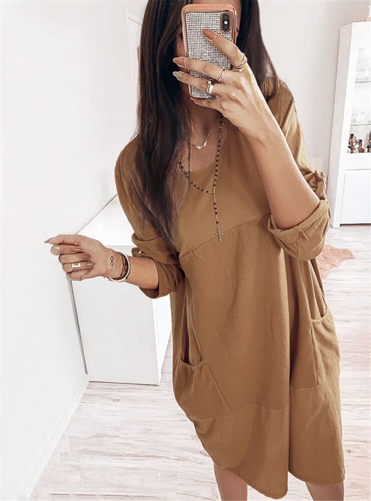 Pocket Casual Dress Women Loose O-Neck Pocket Solid Color Dress Female Vestidos