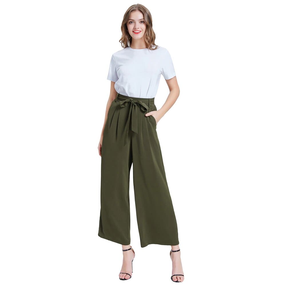 Women Elastic High Waist Casual Belt Trousers Straight Leg Long Pants