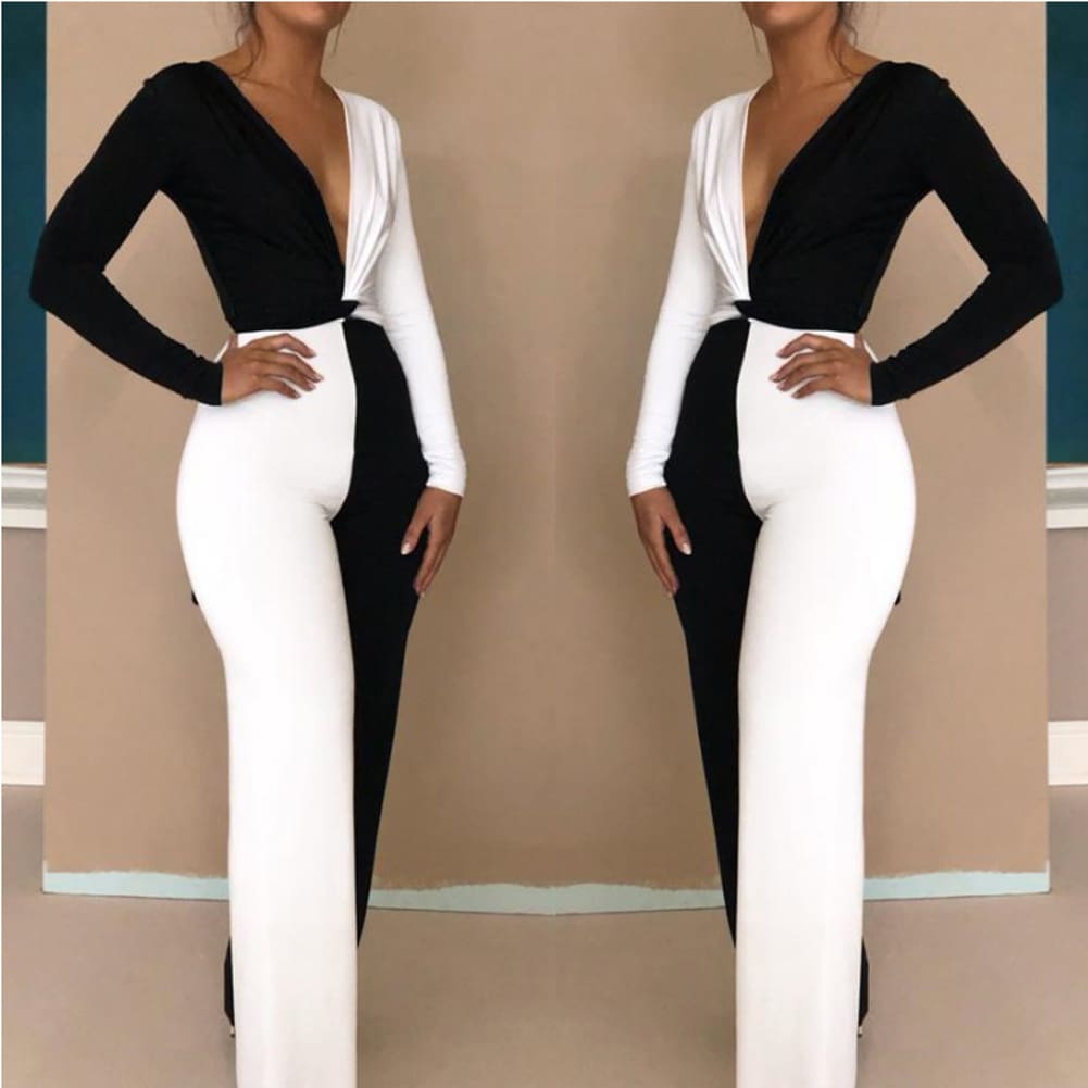 Elegant Women Clubwear Sexy 2 Pcs Set Patchwork Playsuit Bodycon Party Jumpsuit Romper