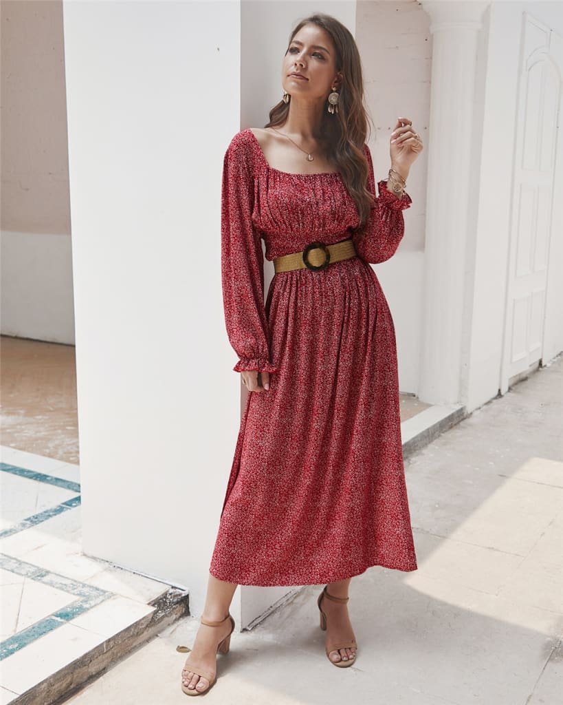 2019 Fashion Trend Women Ladies Long Sleeve Square neck Autumn Dress Floral Autumn Pre-fall Holiday Long Maxi Dress