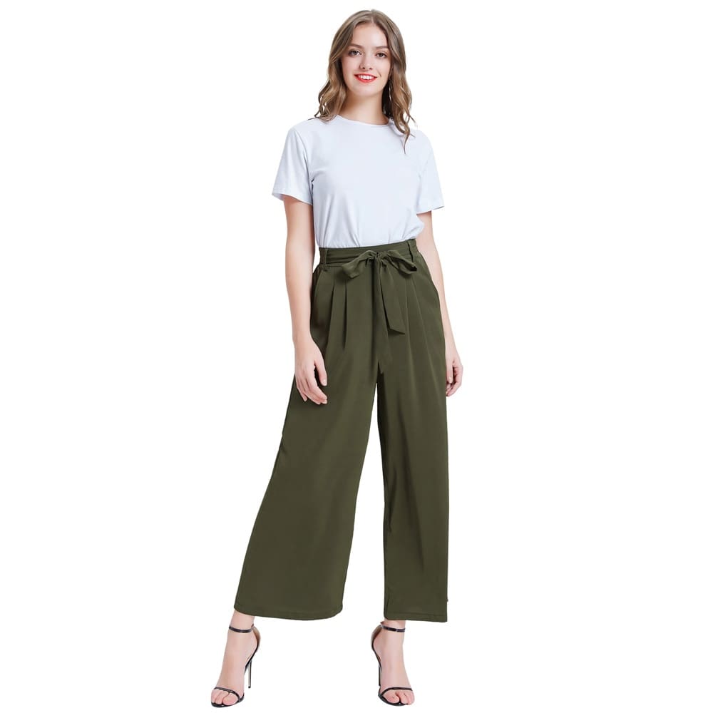 Women Elastic High Waist Casual Belt Trousers Straight Leg Long Pants