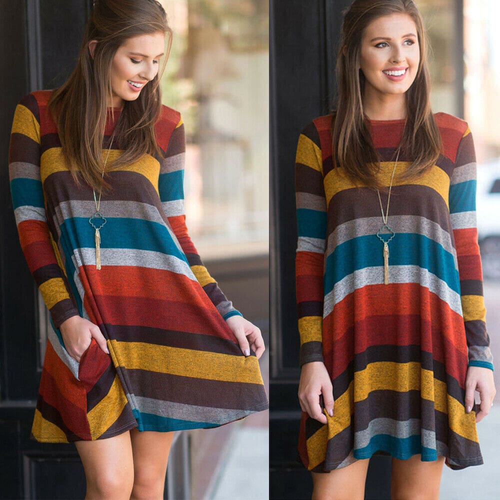 Women Stripe Mini Dress Round Neck Long Sleeve Ladies Casual Loose Tunic Pocket Short Dress