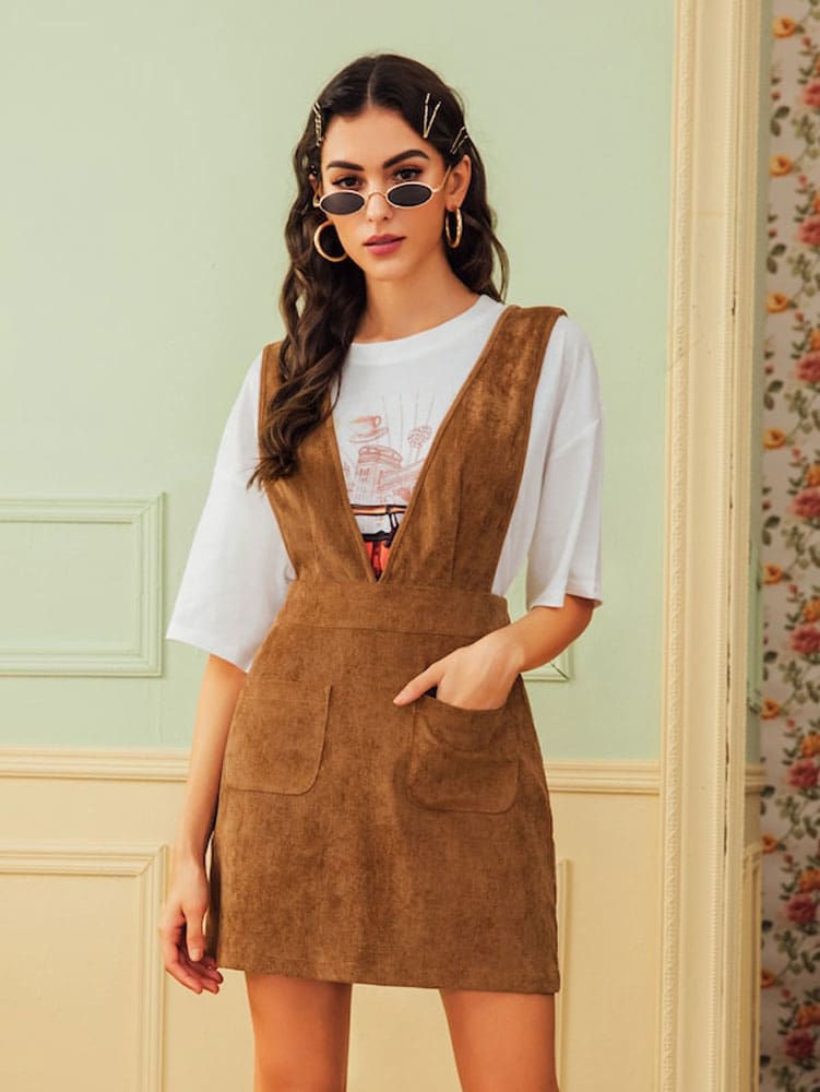 Autumn Winter Women Double Pocket Corduroy Suspender Skirt Ladies Casual Frill Ruffle Elastic High Waist Skirt