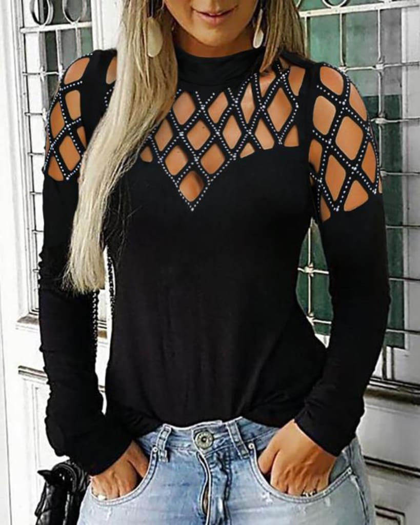 Fashion Women Hollow Out Long Sleeve Casual Shirt Top Sexy Ladies O-Neck Autumn Casual Top Outwear Streetwear