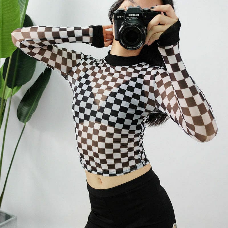 Summer Women Crop Top Clubwear Fashion Plaid Casual Long Sleeve See-Through T-Shirt Beach Holiday Slim Fit Tees