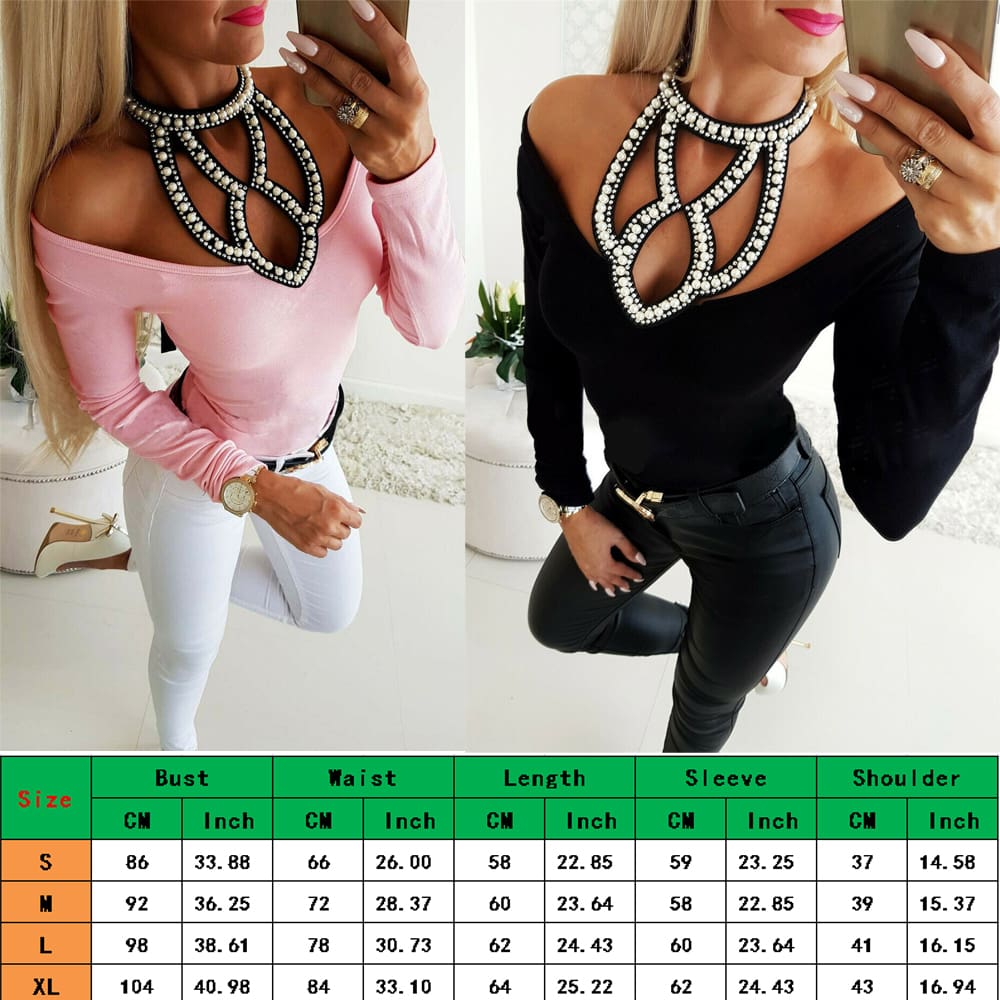 Fashion Women Sexy Hollow Solid Off Shoulder Long Sleeve Slim Fit Casual Blouse Top Shirt Autumn Clothes