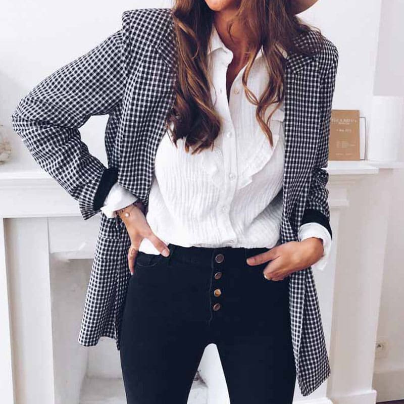 Women Casual Blazer Jacket Lapel Tops Plaid Coat Slim Cardigan Outwear Overcoat Fashion Women Office Lady Elegant Coat