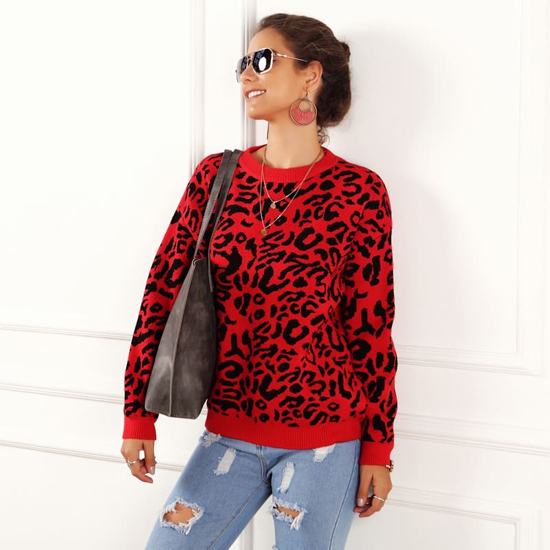 Womens Autumn Winter Sweater Long Sleeve Leopard Print Ladies Girl Knitted Jumper Pullover Tops Sweaters Streetwear