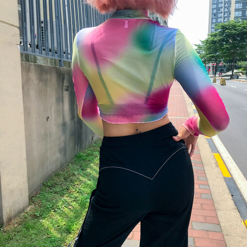 New Fashion Women Girls Summer Mesh Sheer Long Sleeve Blouse See-through High Neck Casual Party Crop Top Tee Shirt