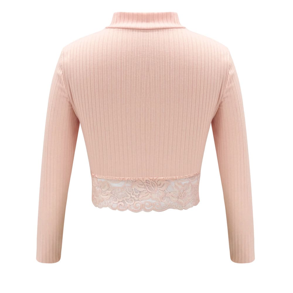 Womens High Collar Lace Crop Tops T-Shirt Laies Stretch Casual Long Sleeve Knit Slim Fit Top