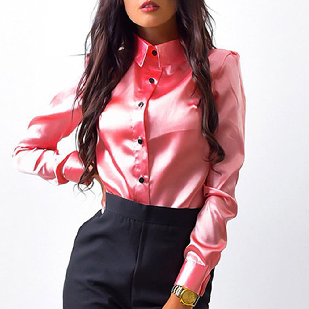 Elegant Fashion Women Long Sleeve Button Down Shirt OL Work Ladies Satin Loose Lapel Blouse Casual Tee Tops