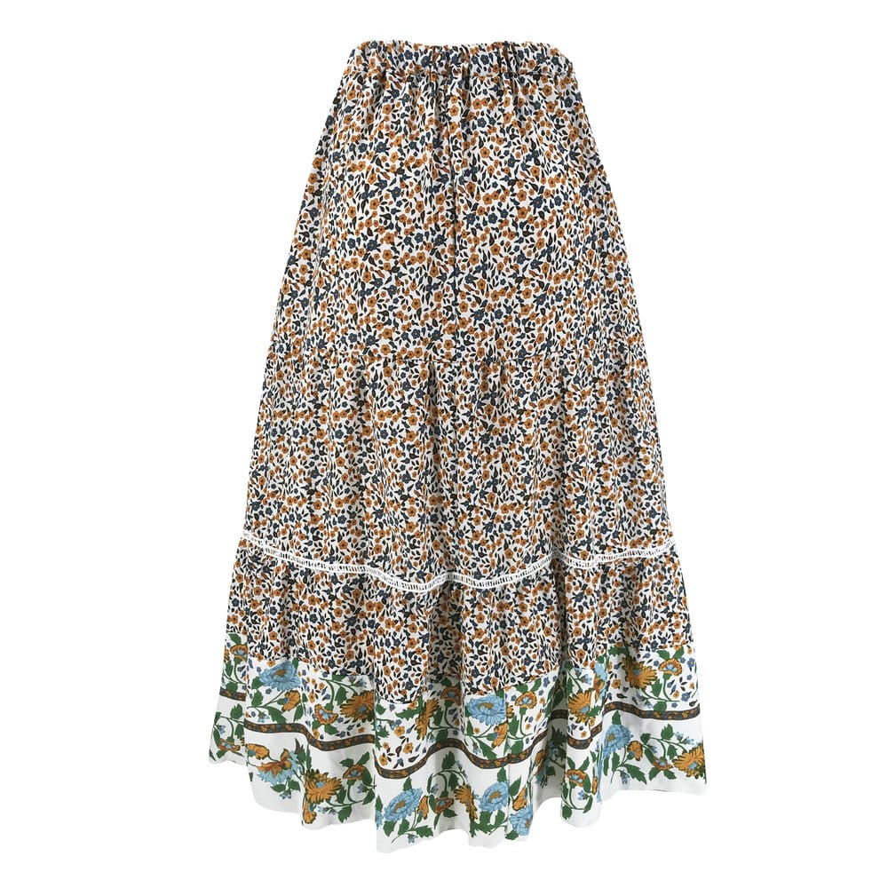 Women Stretch High Waist Floral Print Long Skirt Maxi Beach Casual Boho Polyester Ankle-length Skirt