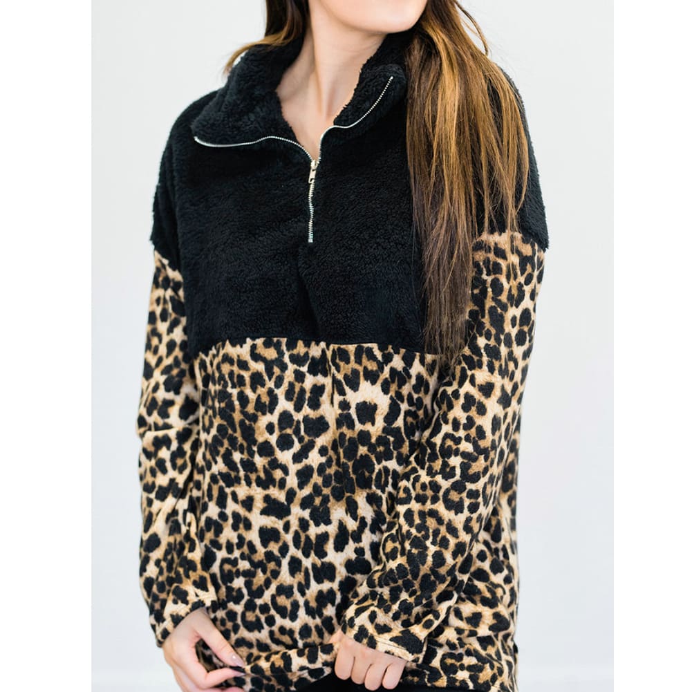 Fashion Women Autumn Winter Hoodie Sweatshirt Leopard Patchwork Jumper Sweater Hooded Pullover Coat Tops