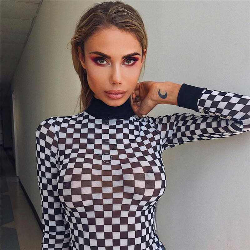 Women Plaid Long Sleeve Mesh Bodycon T-shirts Stretch Ladies Leotard Crop Tops T shirt