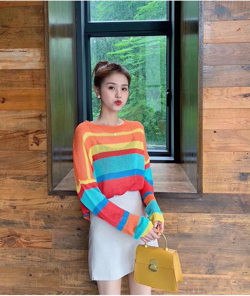 Fashion Women Summer Autumn Top Long Sleeve Loose Rainbow Stripe Sweater Elegant Ladies Casual Pullover Streetwear