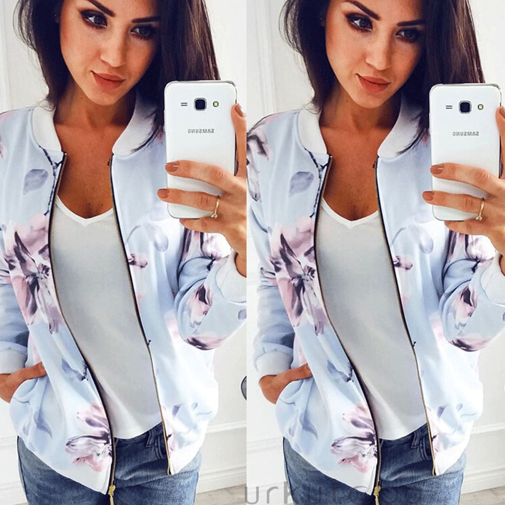 Women Ladies Retro Floral Zipper Up Bomber Long Sleeve Slim Plaid Jacket Casual Floral Zipper Up Bomber Coat Outwear