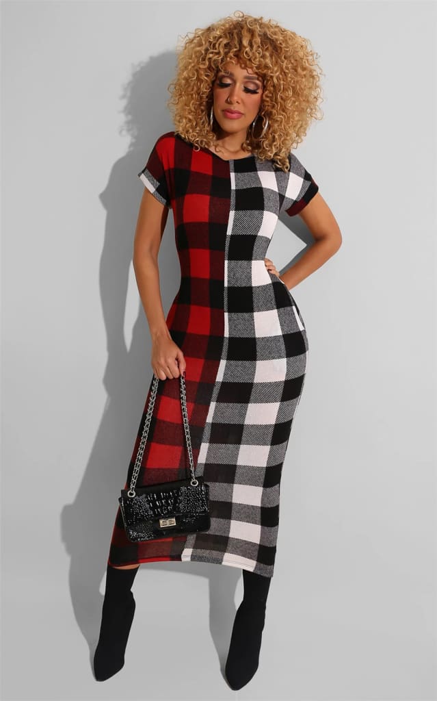 Women Sexy Plaid Bodycon Dress Cotton O-neck Long Sleeve Spring Autumn Casual Slim Jumper Midi Pencil Dress