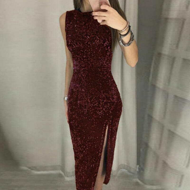 Eleagnt Womens Bodycon Sequin Glitter Midi Short Dress Sexy Lady Sleeveless Slim Split Evening Party Gown Dress