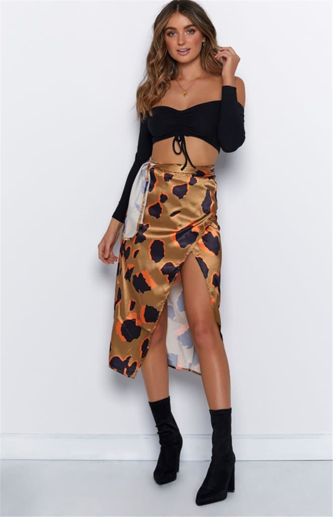 Women High Waist Leopard Print Split Midi Skirt Ladies Summer Holiday Casual Ruffle Asymmetric Wrap Sundress