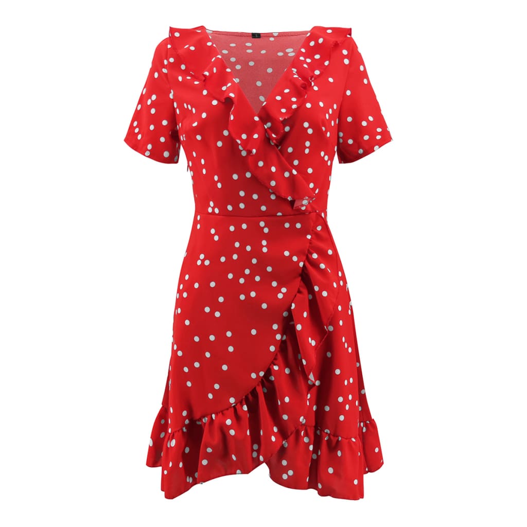 Boho Women Summer Polka Dot Short Sleeve Deep V Neck Mini Dress Party Beach Holiday Sweet Ruffles Sundress