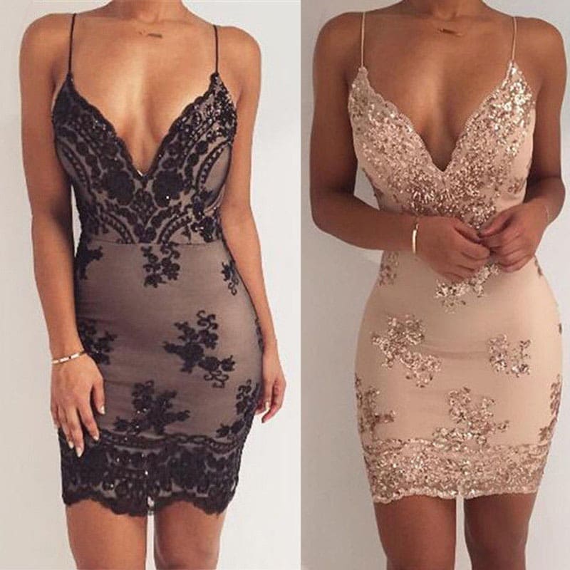 Summer Women Dress Spaghetti Strap V Neck Sequined Lace Bodycon Dresses Sleeveless Party Evening Vestidos Femme Short Mini Dress