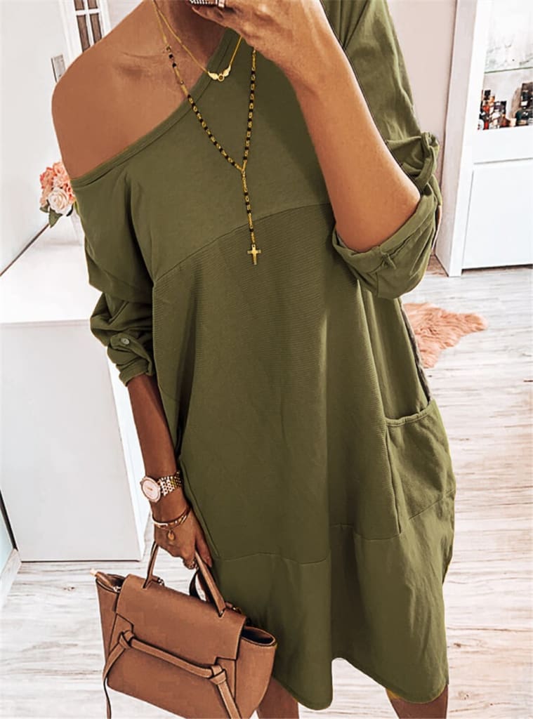 Pocket Casual Dress Women Loose O-Neck Pocket Solid Color Dress Female Vestidos