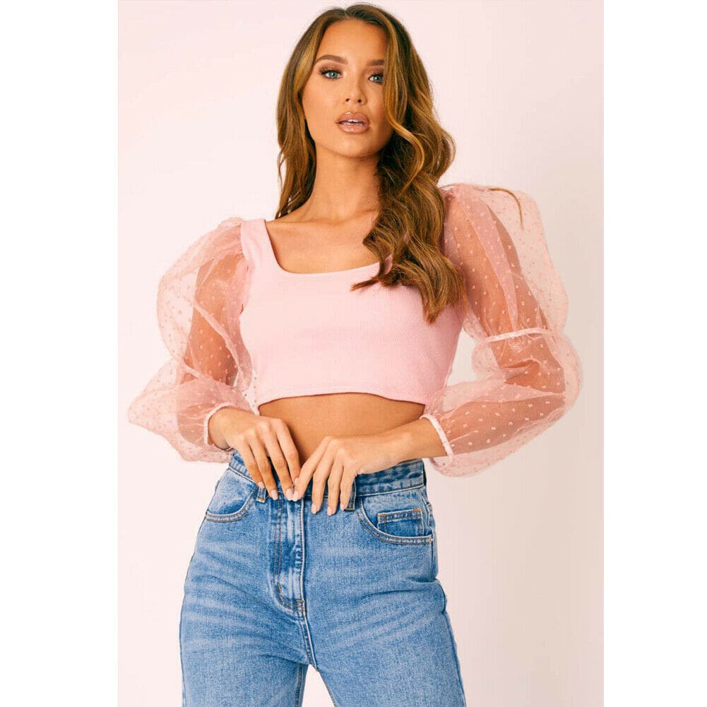 New Women Summer Puff Long Sleeve Crop Top Shirt Ladies Beach Holiday Sheer Mesh Off Shoulder Blouse Top