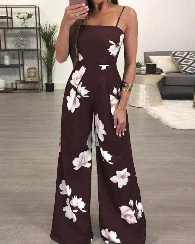 Floral Dungarees Jumpsuit Fashion Trend Sling Print Wide Leg Loose Long Pant Trousers