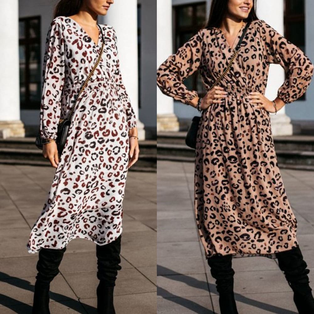 Fashion Womens Long Sleeve Leopard Print Long Shirt Dress Sexy Ladies V Neck Loose Party Wrap Shirt Maxi Dress