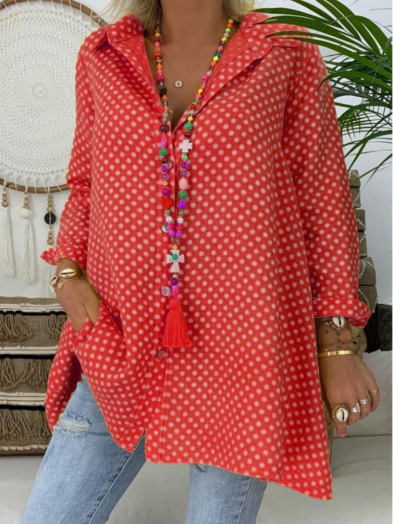 Ladies V-Neck Casual Blouse Long Sleeve Polka Dot Shirt Tops Shirts