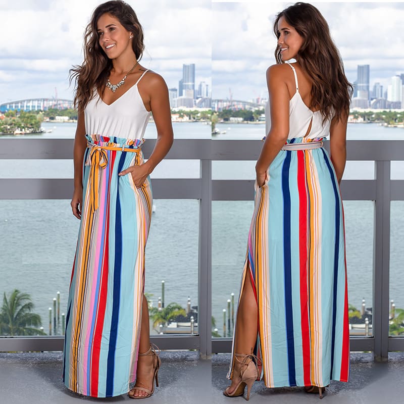 Ladies Fashion Bohemian Skirt Women Long Maxi Full Skirt Indie Folk National Colorful Loose Split High Waist Summer Buttoms