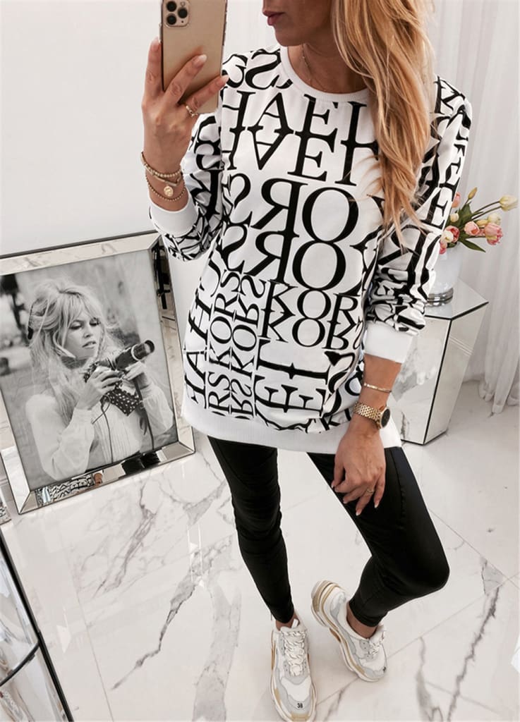 Women Long Sleeve Blouse Shirt Crew Neck Letter Print Pullover Sweatshirt Loose Jumper Casual Autumn Winter Top