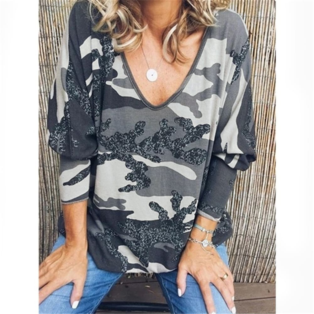 Women Loose Ladies Blouse Shirt Long Sleeve Summer Tops V neck Casual Camouflage Basic Tee Blouse Streetwear