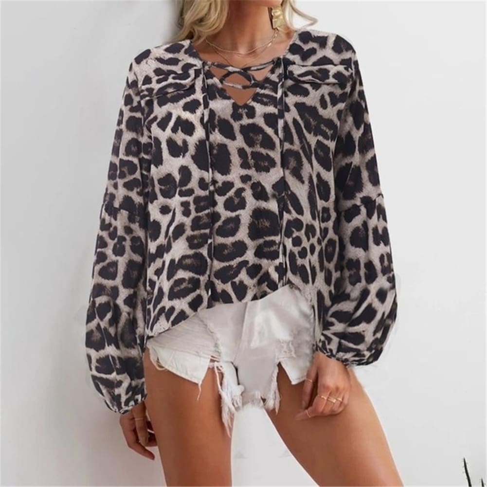 Women Blouse Shirt Polka Dot Striped Leopard Loose Blouse Top Tunic Shirt